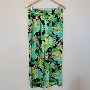 Nicole Miller New York L Linen Blend Wide Leg Kelly Green Torpical Floral Pants